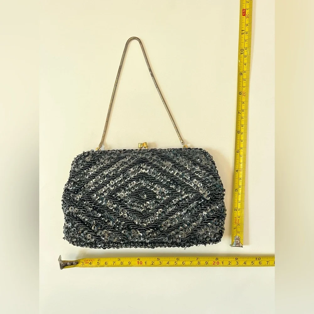 Vintage Art Deco Black Beaded Sequin Clutch Purse Evening Bag Hong Kong